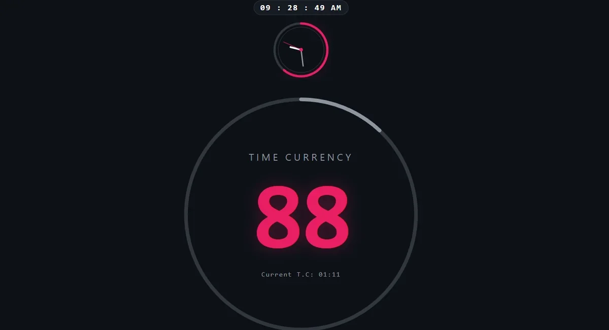 Actual screenshot of Time Currency's dark clock and time utility interface